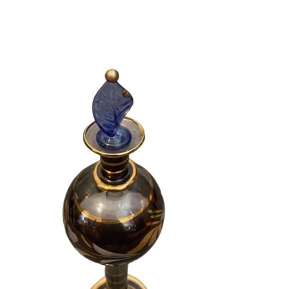 Egyptian Glass Gold Accent Perfume Bottle Mouth Blown With Stopper - Picture 3 of 8